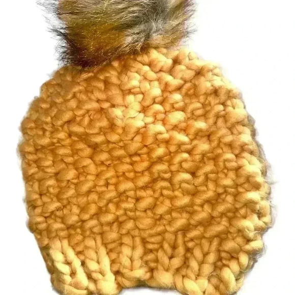 Bundle 2 beanie hats one mustard with furry pin, one‎ tan with gold thread. - Picture 2 of 8